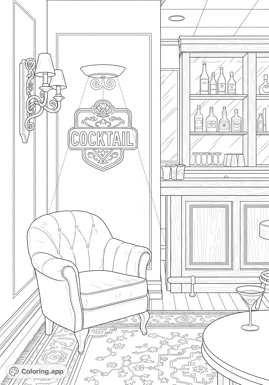 Step into a chic 1950s-1960s ladies' lounge, featuring a plush armchair, ornate sconce, and a sophisticated bar with vintage details.