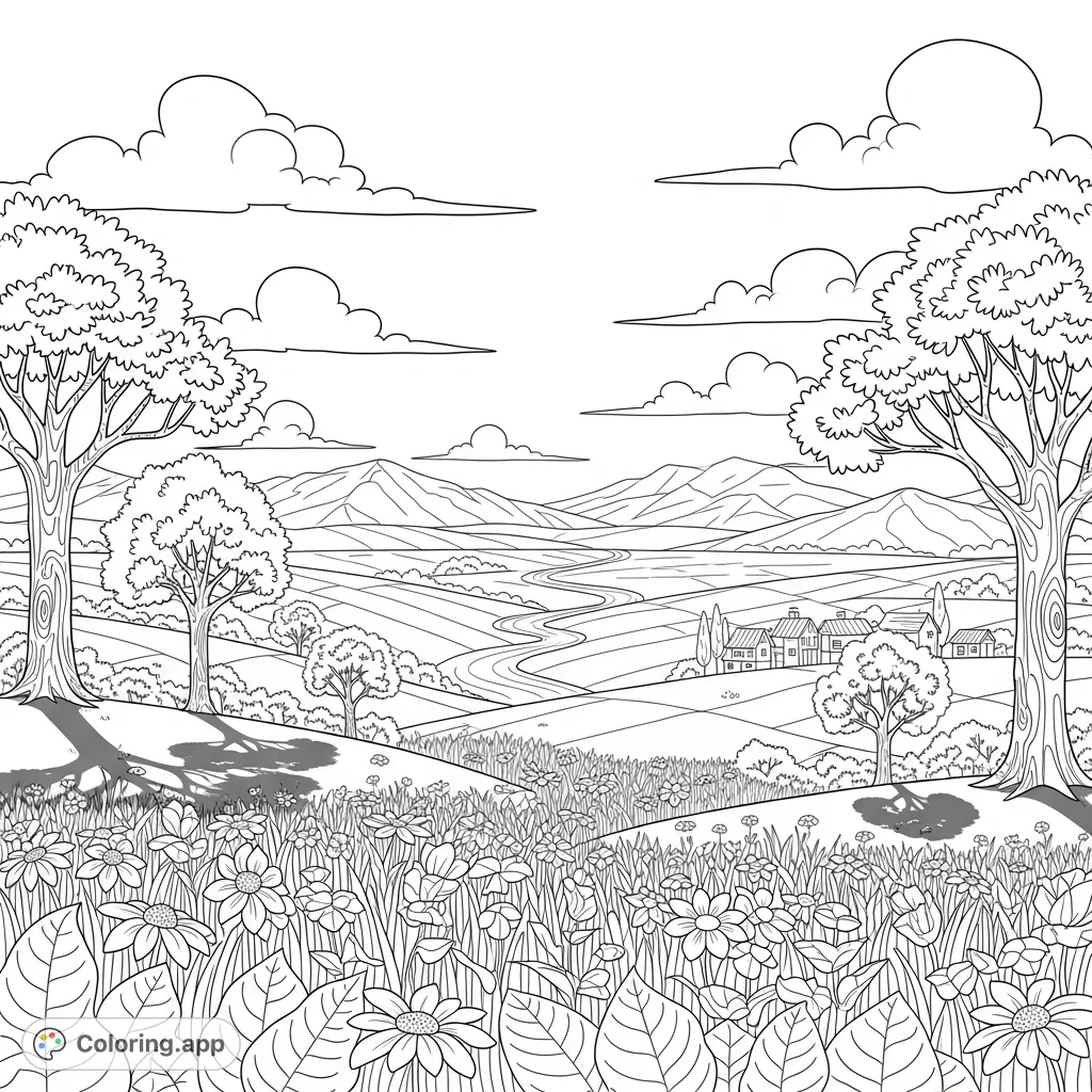 A serene landscape featuring majestic mountains, winding rivers, fields of wildflowers, and graceful trees, celebrating the beauty of creation. Perfect for all ages.