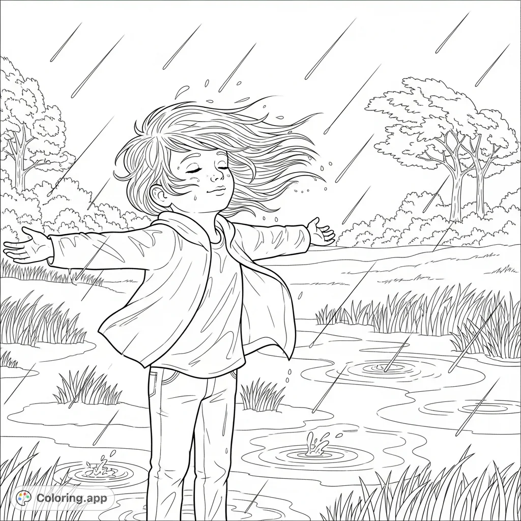 A heartwarming free printable nature coloring page depicting a child joyfully embracing the rain and wind, perfect for kids to color and explore weather.