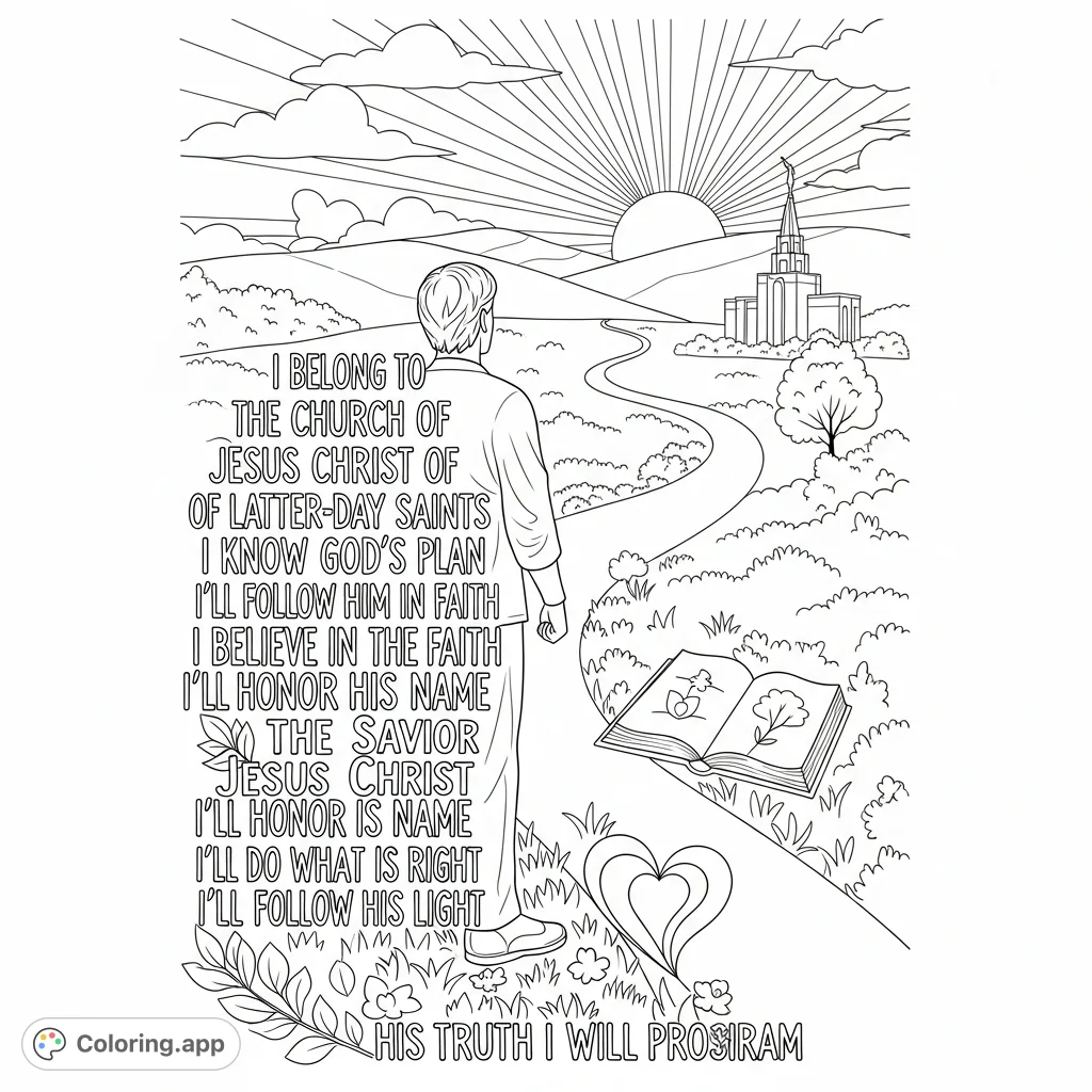 An uplifting scene depicting a person on a path of faith, surrounded by symbols of divine guidance and truth, with an inspiring declaration of belief.