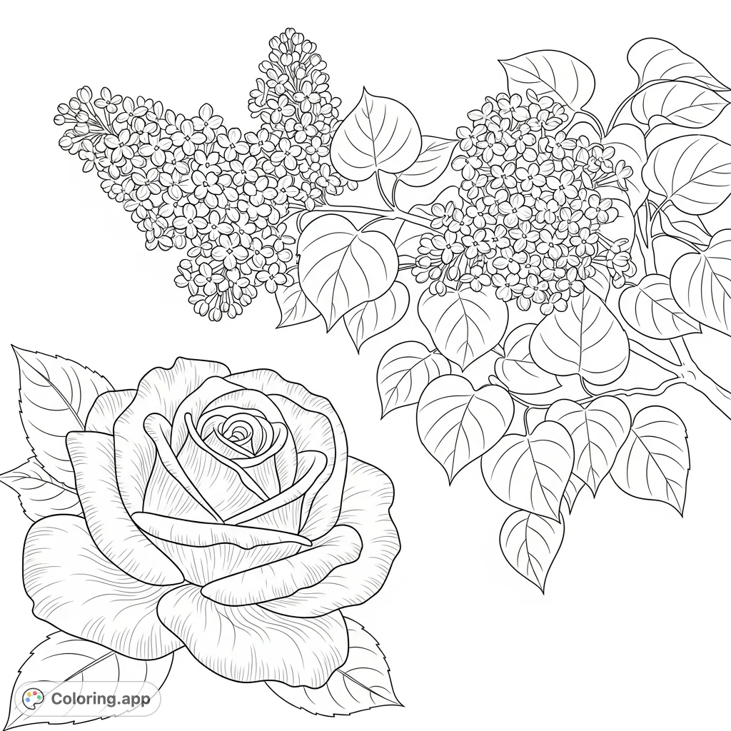Discover a beautiful floral coloring page featuring an intricately detailed velvet rose alongside delicate lilac blossoms, perfect for nature lovers.