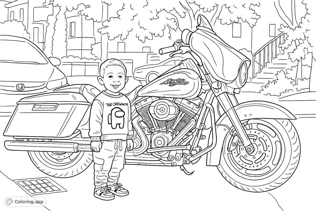 A cheerful young boy stands beside a powerful touring motorcycle, ready for adventure. This detailed scene is perfect for bike enthusiasts and young artists.