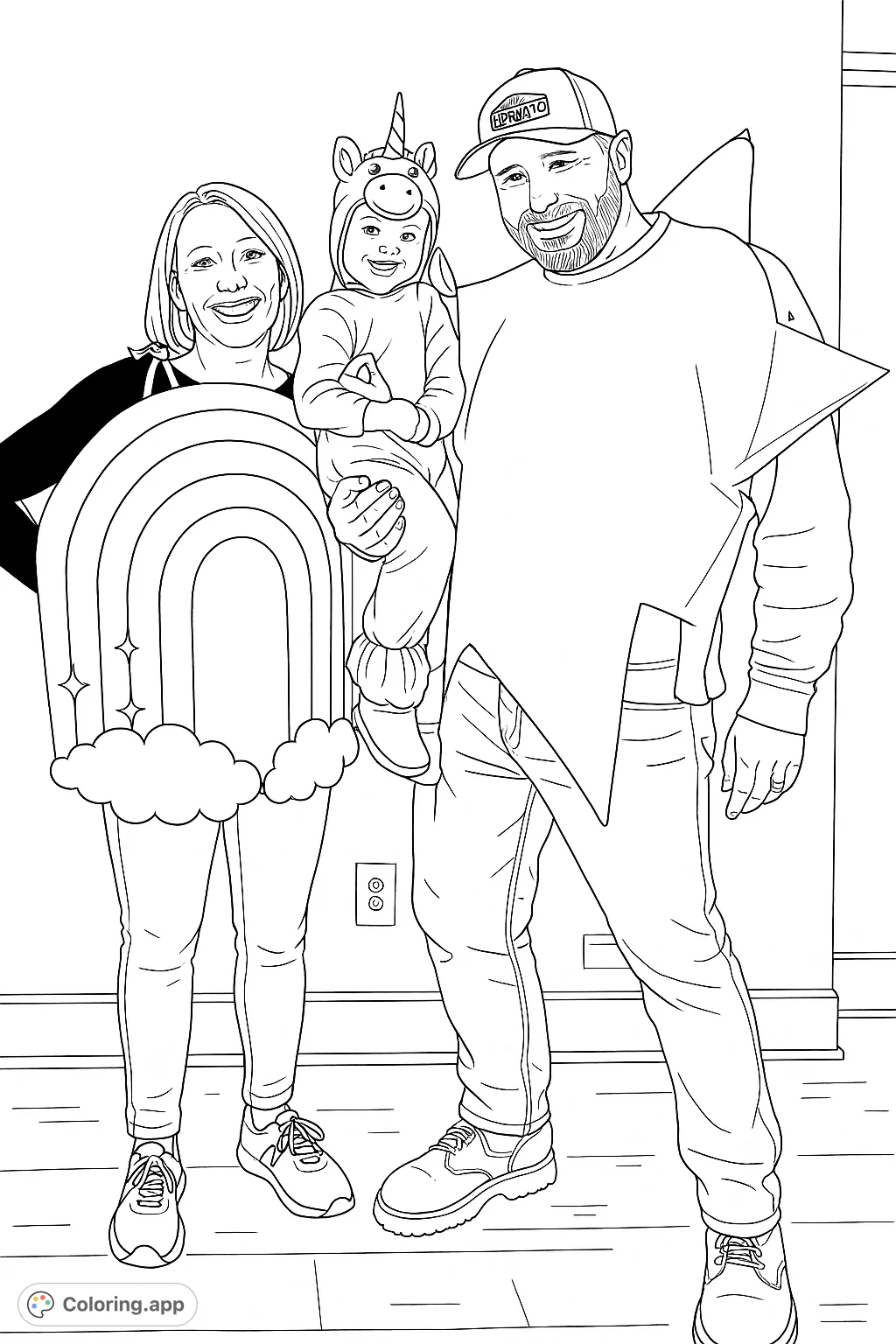 A delightful family portrait featuring a child in a unicorn costume, a parent as a rainbow, and another as a star. Perfect for imaginative coloring!