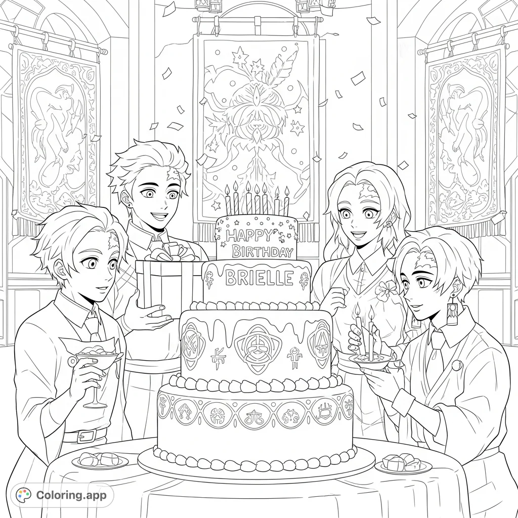 Five K-pop demon hunters celebrate a birthday with a multi-tiered cake, glowing symbols, and falling confetti in an opulent hall. A unique K-pop demon hunters coloring page.