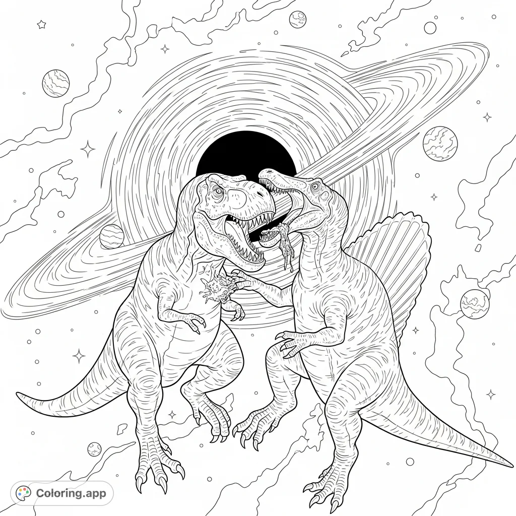 Witness a dramatic T-Rex and Spinosaurus space battle! Detailed dinosaurs fight near a swirling black hole, distant planets, and vibrant nebulas.