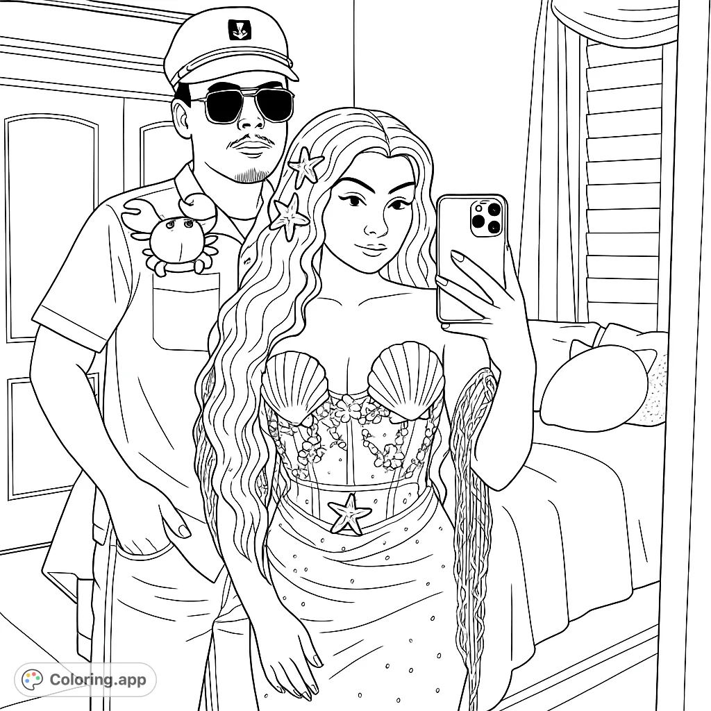 A charming nautical-themed couple, a captain and a mermaid, pose for a mirror selfie. Features intricate costume details and a playful crab companion.