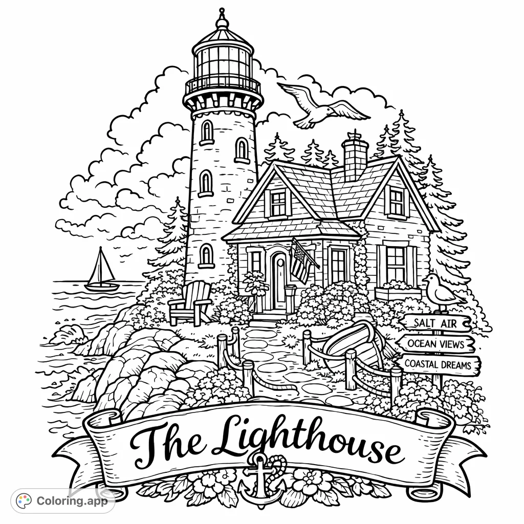 A charming coastal lighthouse and cozy cottage coloring page. Explore a picturesque scene with a towering lighthouse, quaint home, and ocean views.