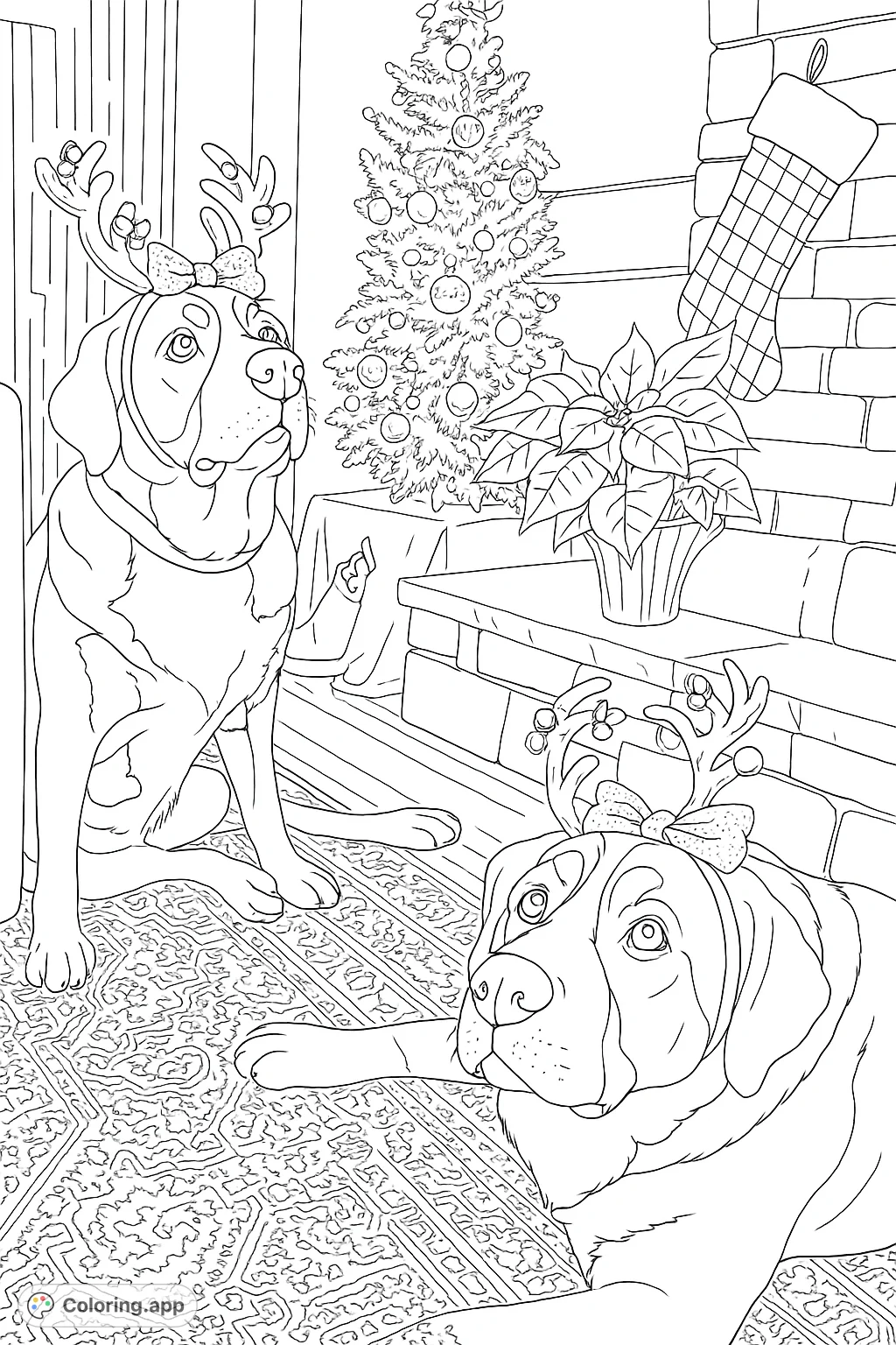 Two adorable dogs in reindeer antlers celebrate the holidays by a decorated tree and fireplace. A charming Christmas scene for coloring fun!