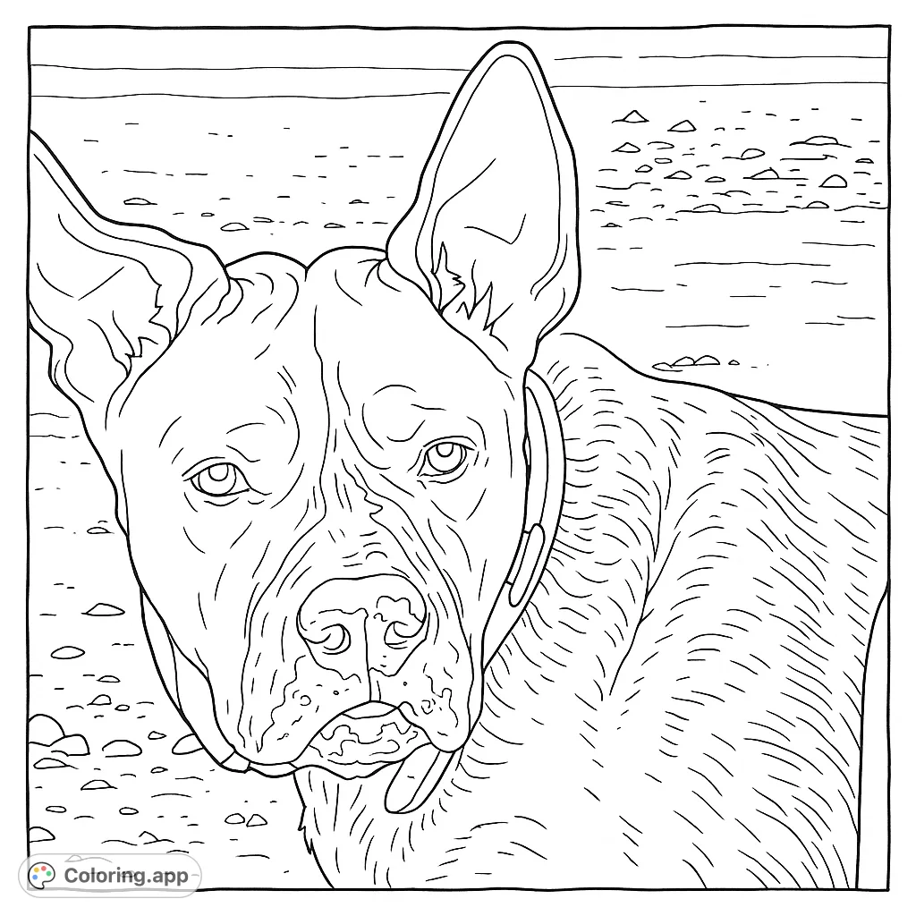 A charming dog portrait on a sandy beach, perfect for animal lovers. Features textured fur and an expressive face, ready for your creative touch.