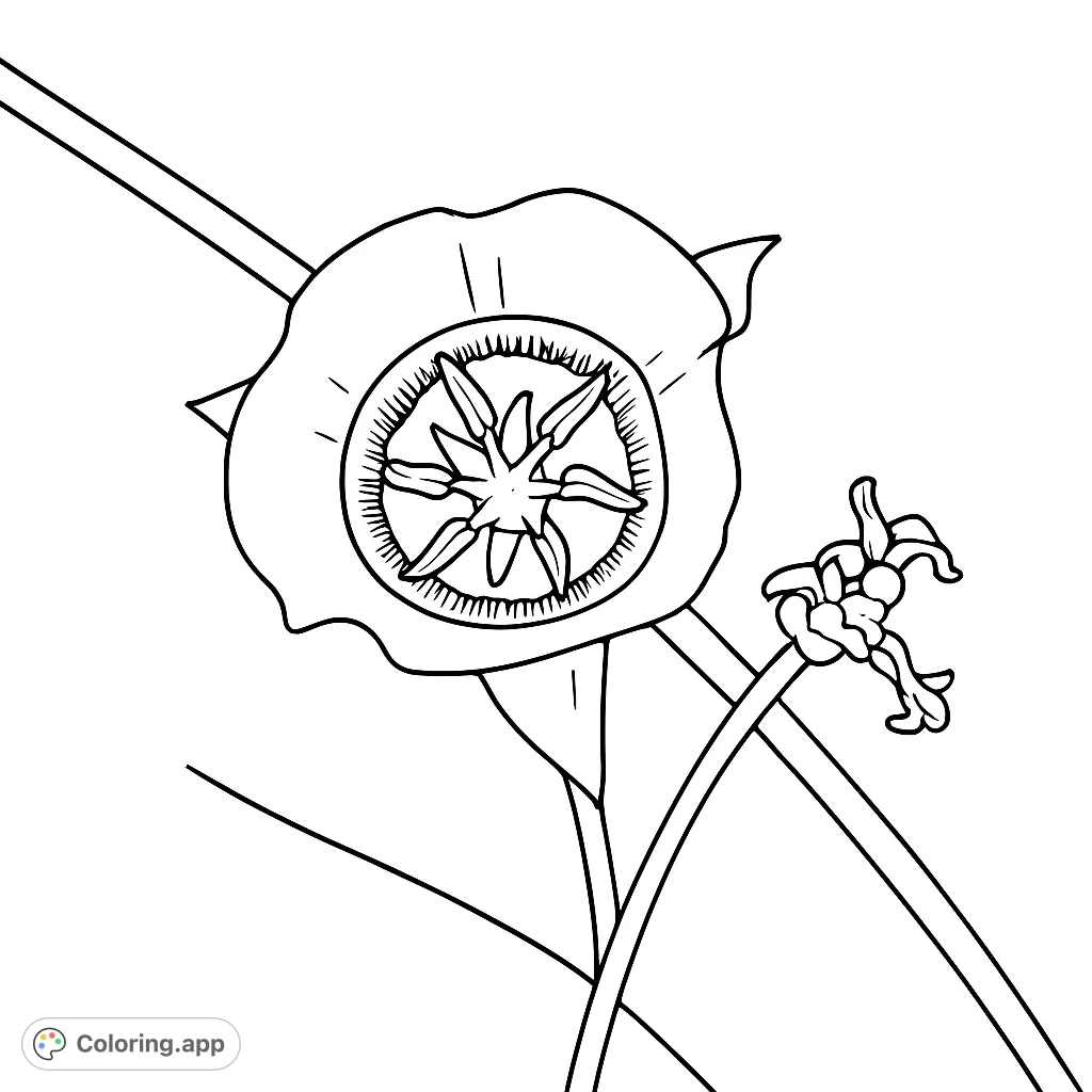 Explore the intricate beauty of a delicate bell-shaped flower, featuring detailed petals, a complex central structure with radiating elements, and a small visitor.