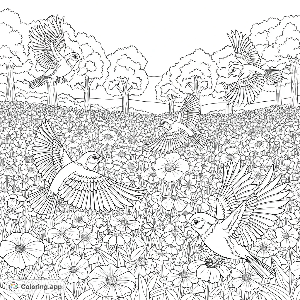A delightful flower field scene with happy birds soaring above blooming flowers and distant trees. Perfect for nature lovers and a joyful coloring experience.