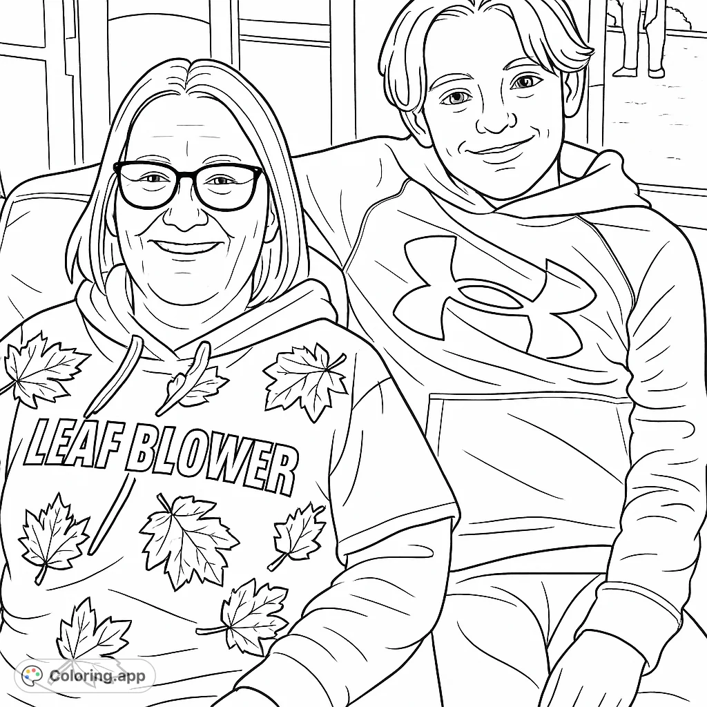 A heartwarming family portrait featuring a smiling woman and boy adorned with autumn leaves. Perfect for a cozy, seasonal coloring experience.