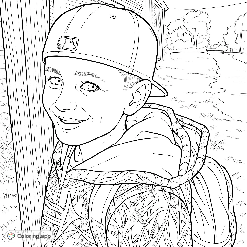 Capture a cheerful young boy wearing a baseball cap and a patterned hoodie, smiling brightly. A simple scene with a friendly face, perfect for creative expression.