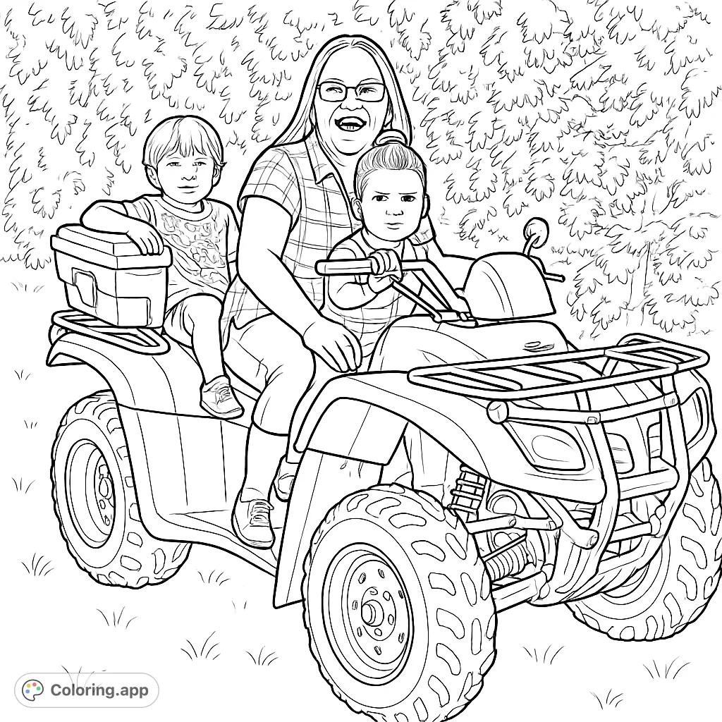 Enjoy a thrilling ATV adventure coloring page featuring an adult and two children on a rugged four-wheeler, ready for fun and outdoor exploration.