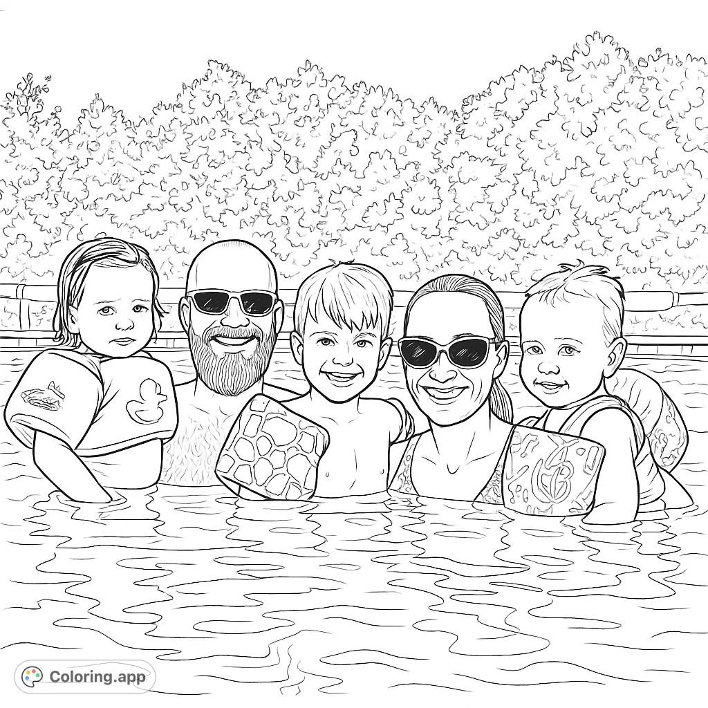 A joyful family of five enjoys a refreshing swim together in a pool. Capture happy memories and bring this delightful summer scene to life with your favorite colors.