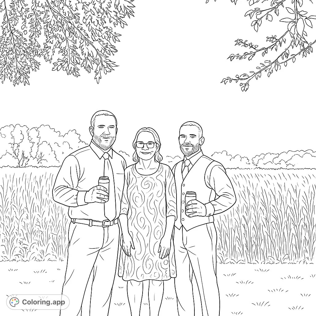 A heartwarming family portrait coloring page featuring two men and a woman standing in a field of tall crops, framed by tree branches. Perfect for personalizing.