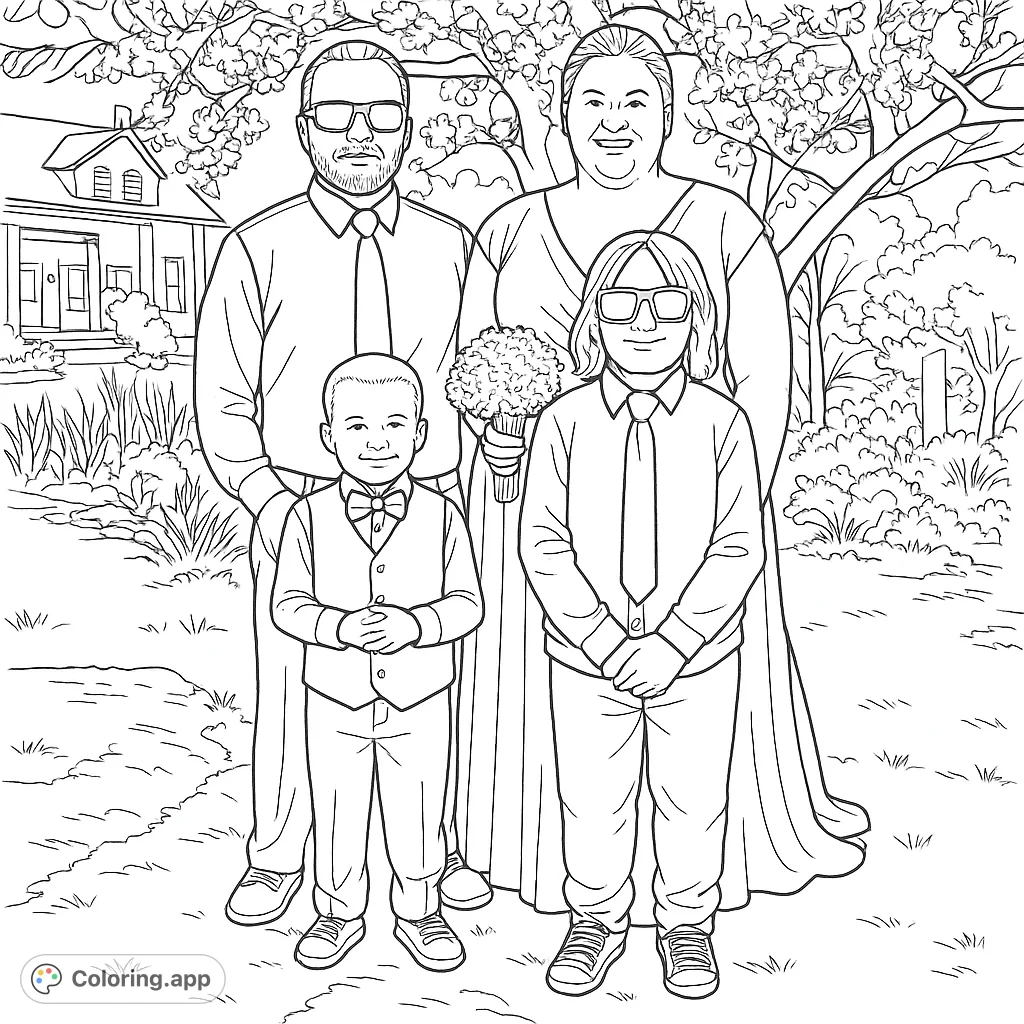 Capture a heartwarming family moment with this charming coloring page featuring two adults and two children in formal attire surrounded by a spring garden setting.