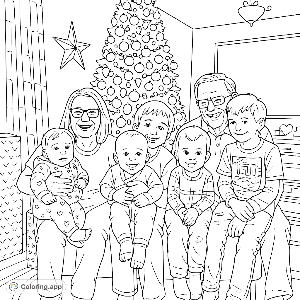 A heartwarming festive family gathering coloring page featuring two adults and five joyful children, framed by a beautifully decorated holiday tree and wrapped gifts.