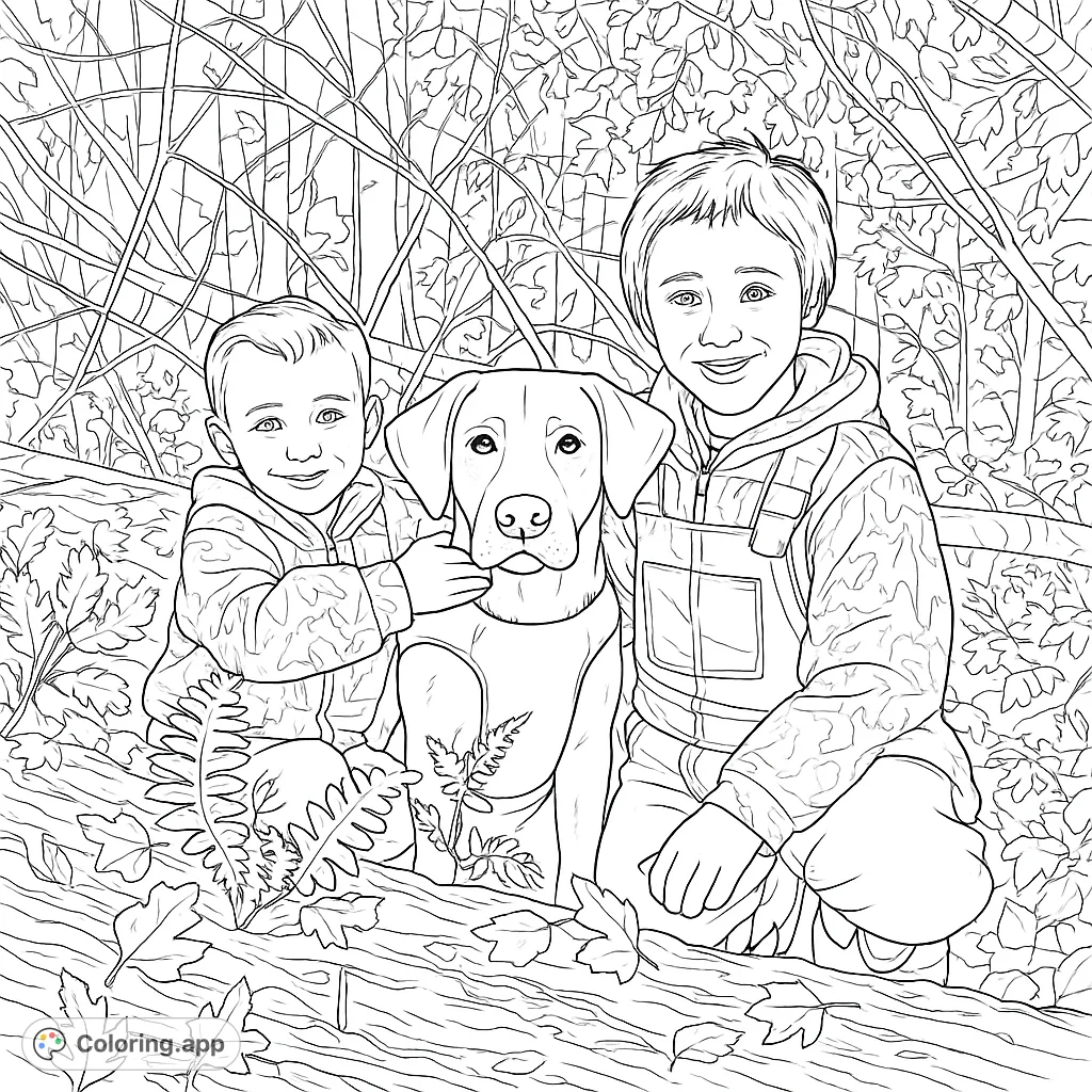Two smiling boys and their friendly dog share a heartwarming moment in a textured forest setting. A delightful scene perfect for coloring enthusiasts.