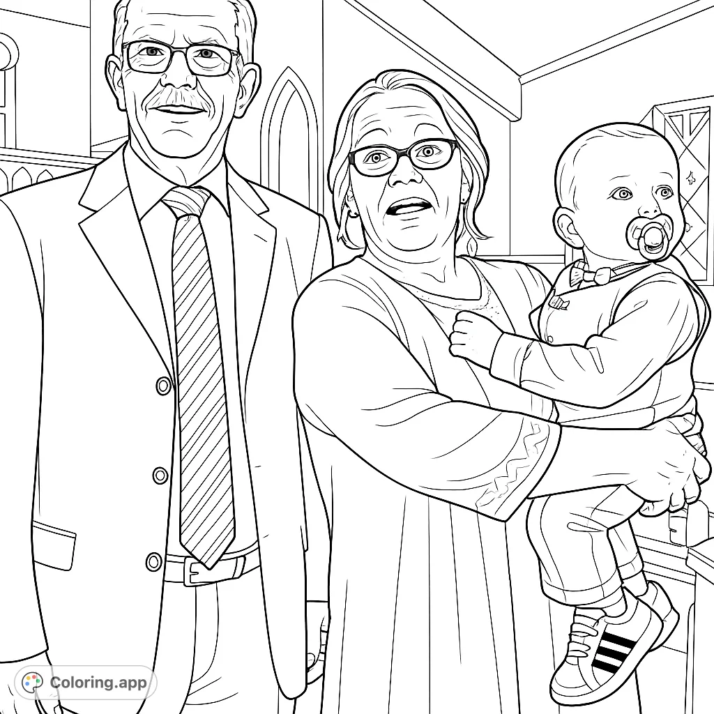 Capture a heartwarming family moment with this multi-generational portrait. Featuring an older couple and a baby, perfect for personalizing with your unique artistic flair.