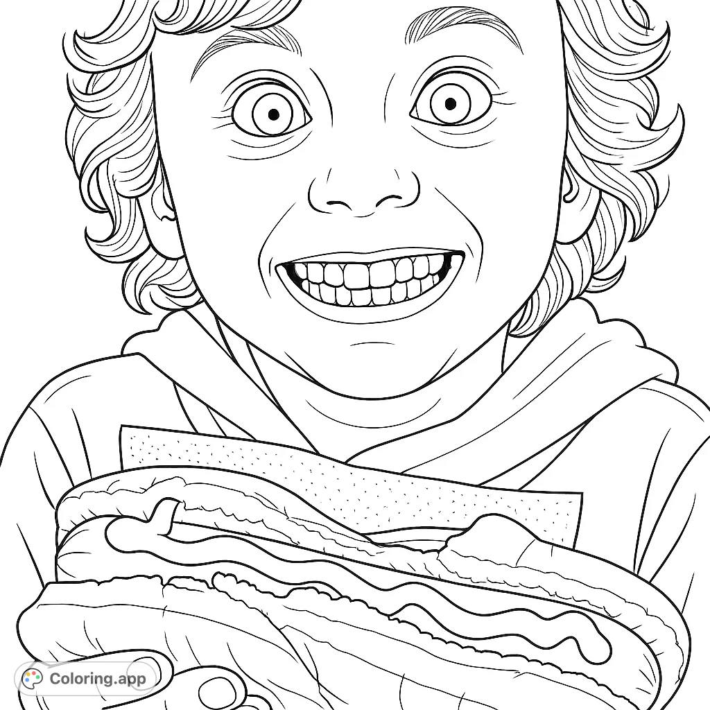 Capture the joyful expression of a child with wide eyes and a big smile, happily holding a delicious hot dog with toppings, perfect for a fun coloring session.