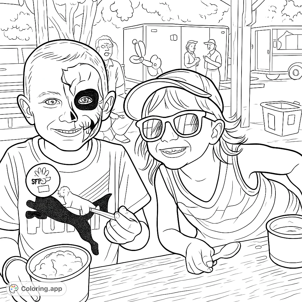 A delightful coloring page featuring two smiling children with ice cream, one with unique face paint, enjoying a fun outdoor event.