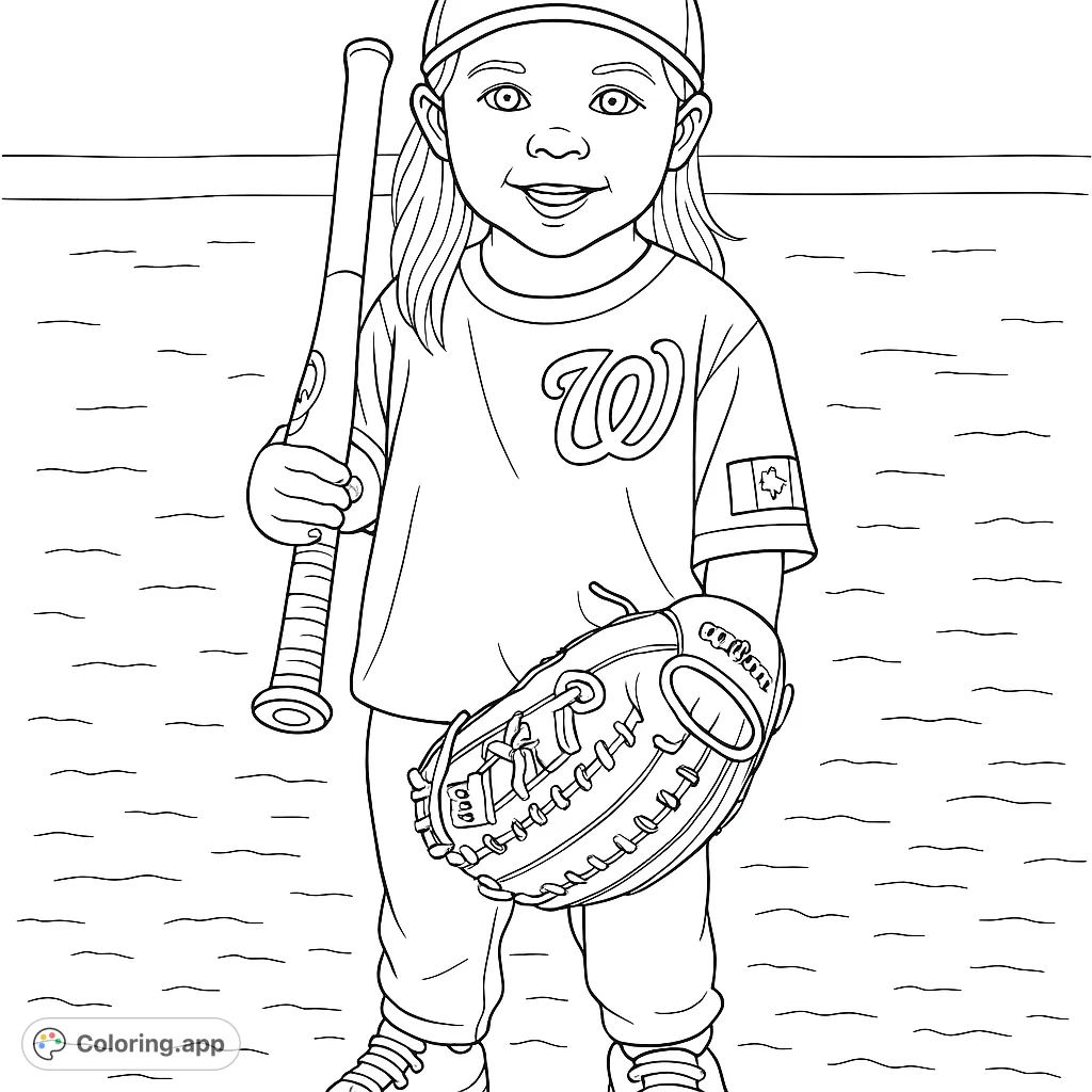 A delightful coloring page featuring a cheerful young child in full baseball gear, holding a bat and glove, ready for a fun day on the field. Perfect for aspiring athletes!