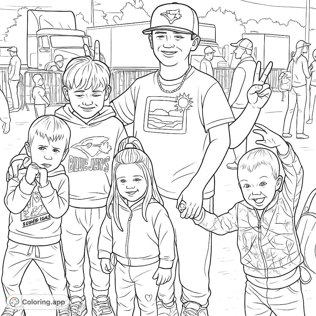 A fun group of five children posing playfully at an outdoor event with large trucks in the background. Captures a lively, heartwarming family scene.