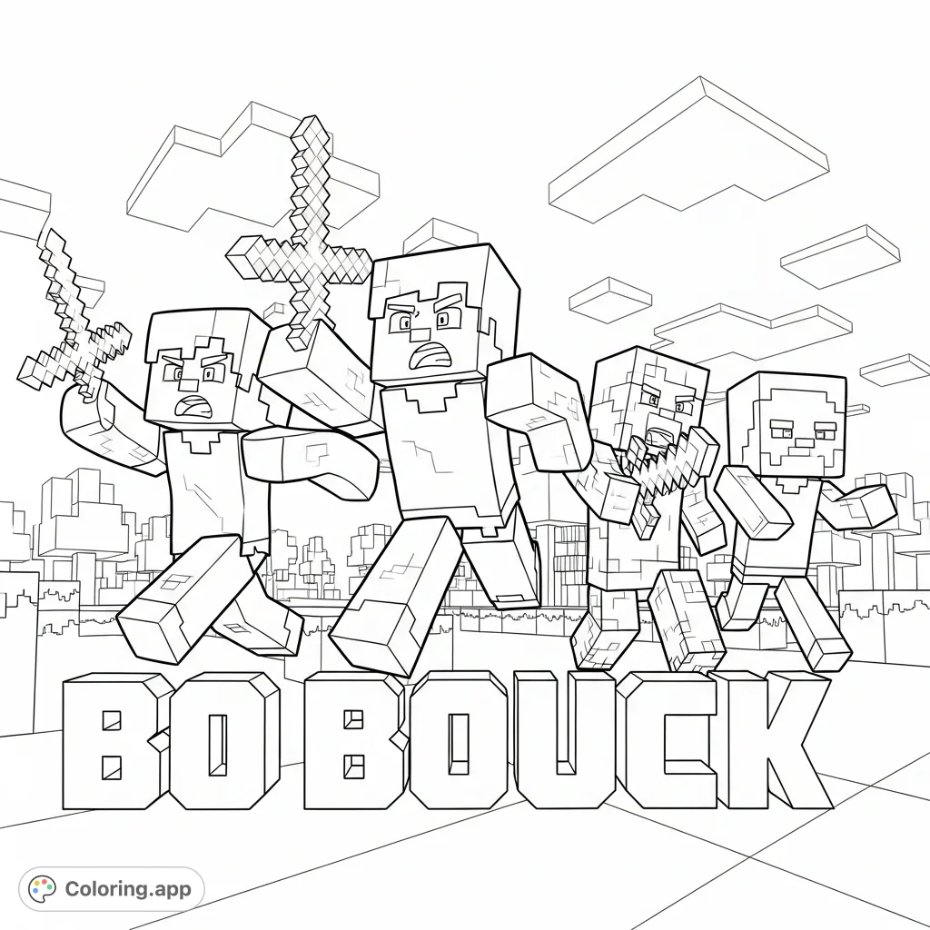 Dynamic Minecraft characters Steve, Alex, Creeper, and Zombie sprint from behind bold 'Bo Bouck' letters in a classic pixelated landscape scene.