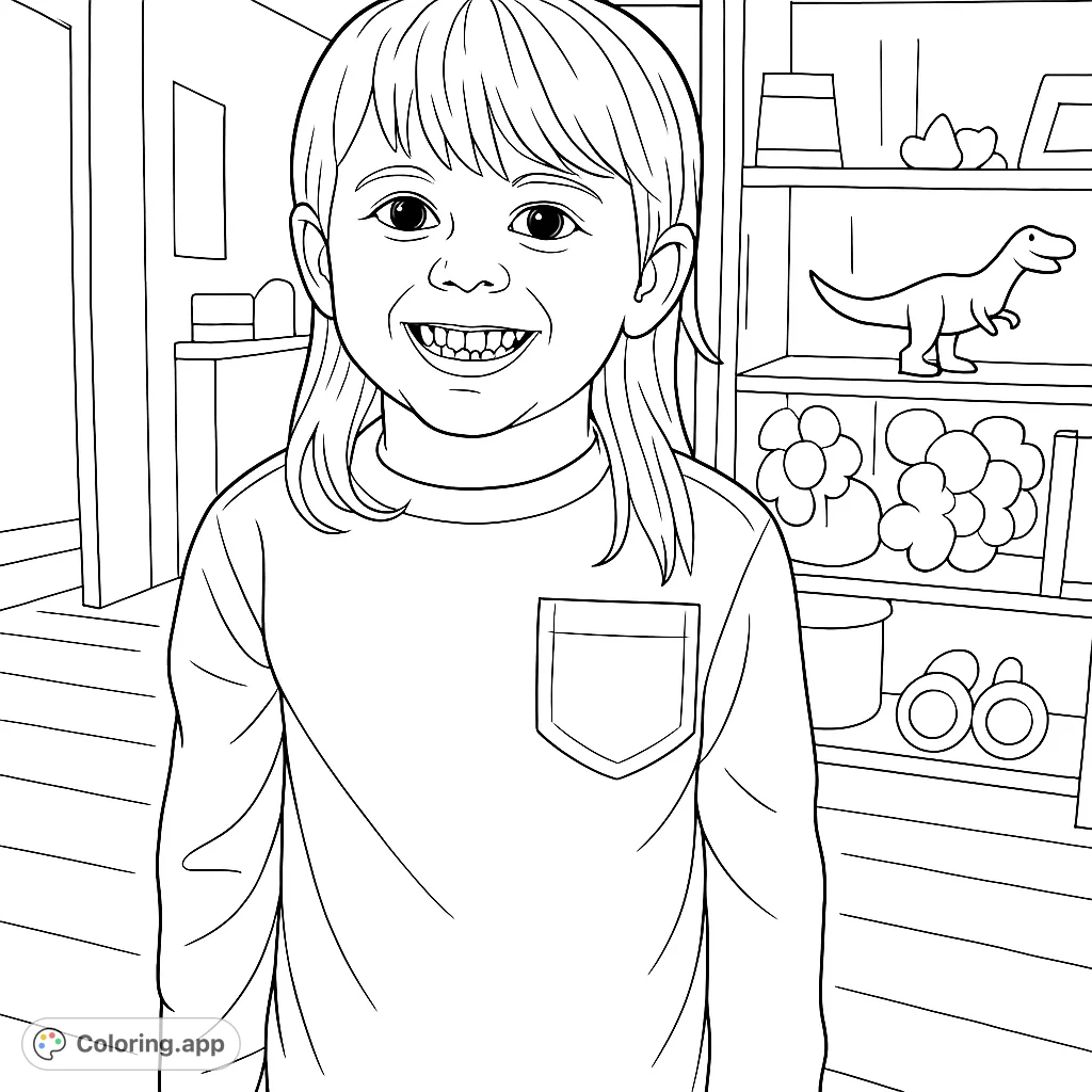 A delightful coloring page featuring a smiling child with a joyful expression and unique hairstyle, set against a backdrop of playful household items.