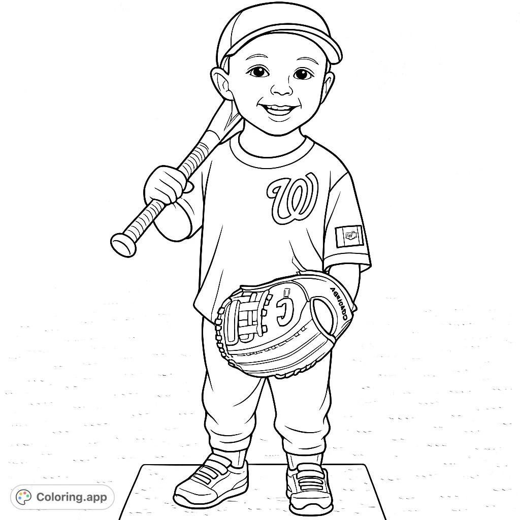 A charming coloring page featuring a young child dressed in a baseball uniform, complete with a bat and glove, ready for fun on the field. Perfect for sports fans.