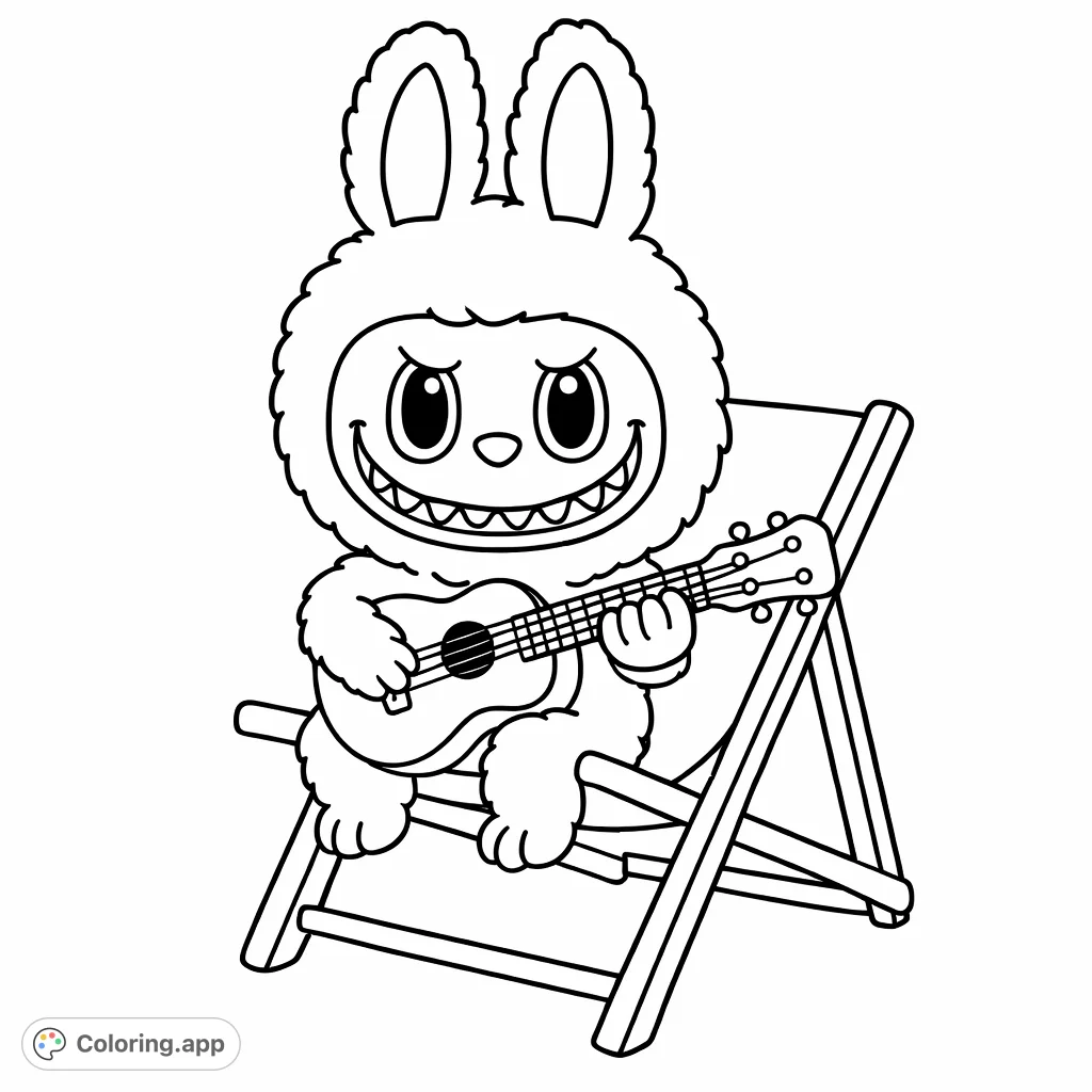 A delightful bunny character serenades on a ukulele while relaxing in a folding chair. Perfect for a fun coloring session with unique appeal.