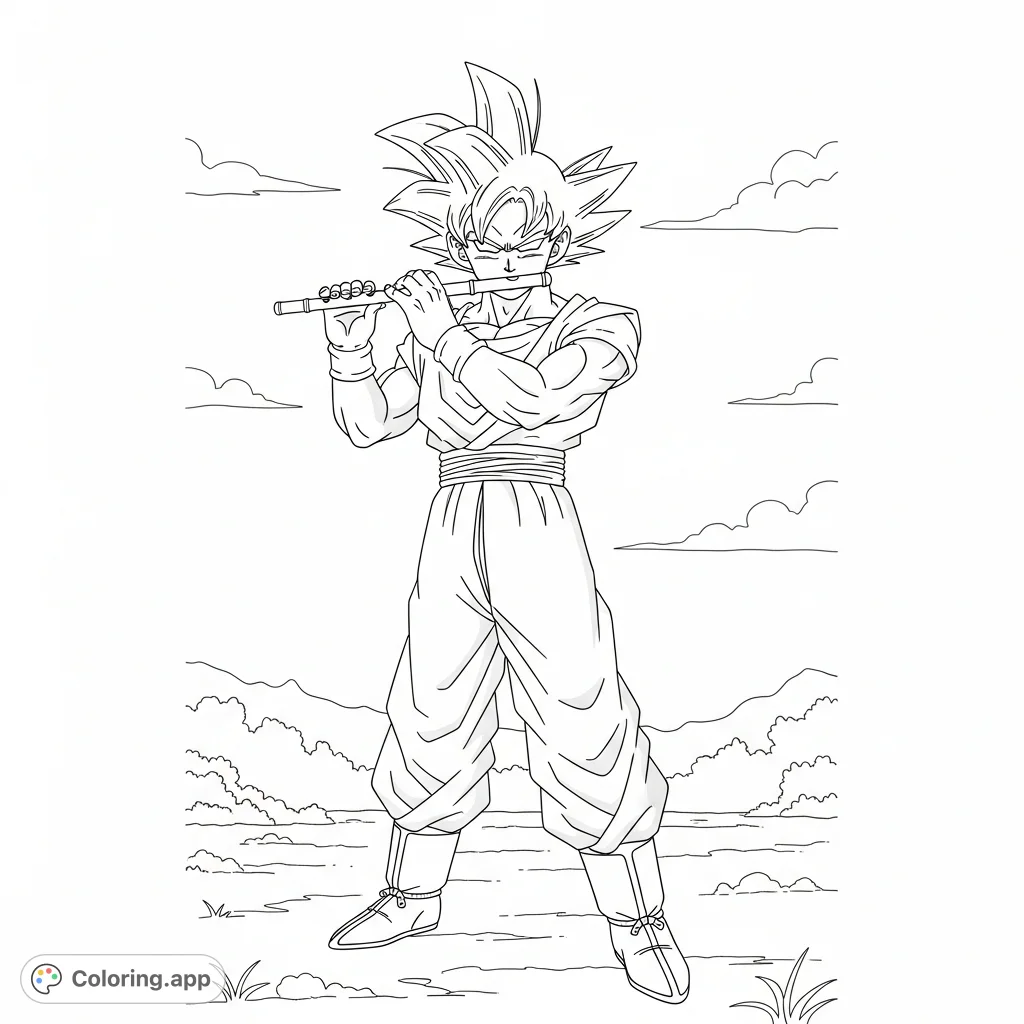 Unleash your creativity with this dynamic Goku coloring page, featuring the iconic Saiyan playing a flute. Perfect for Dragon Ball fans!