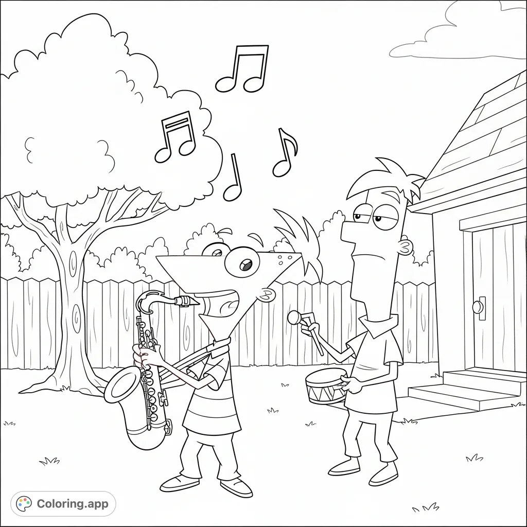 Join Phineas and Ferb for a musical adventure! This fun coloring page features the brothers playing instruments in their backyard, with notes dancing around them.