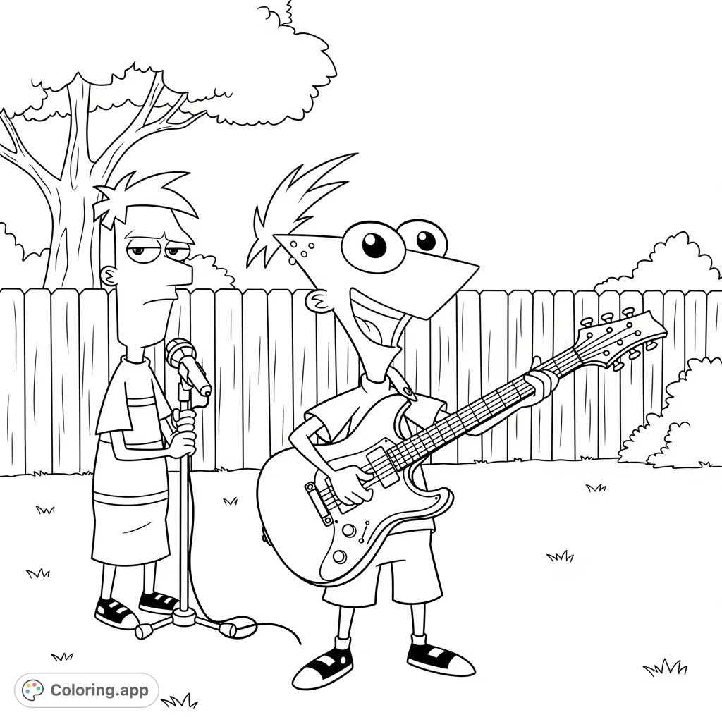 Join Phineas and Ferb for a rock 'n' roll adventure! This free printable Phineas & Ferb coloring page features them playing guitar in their backyard.