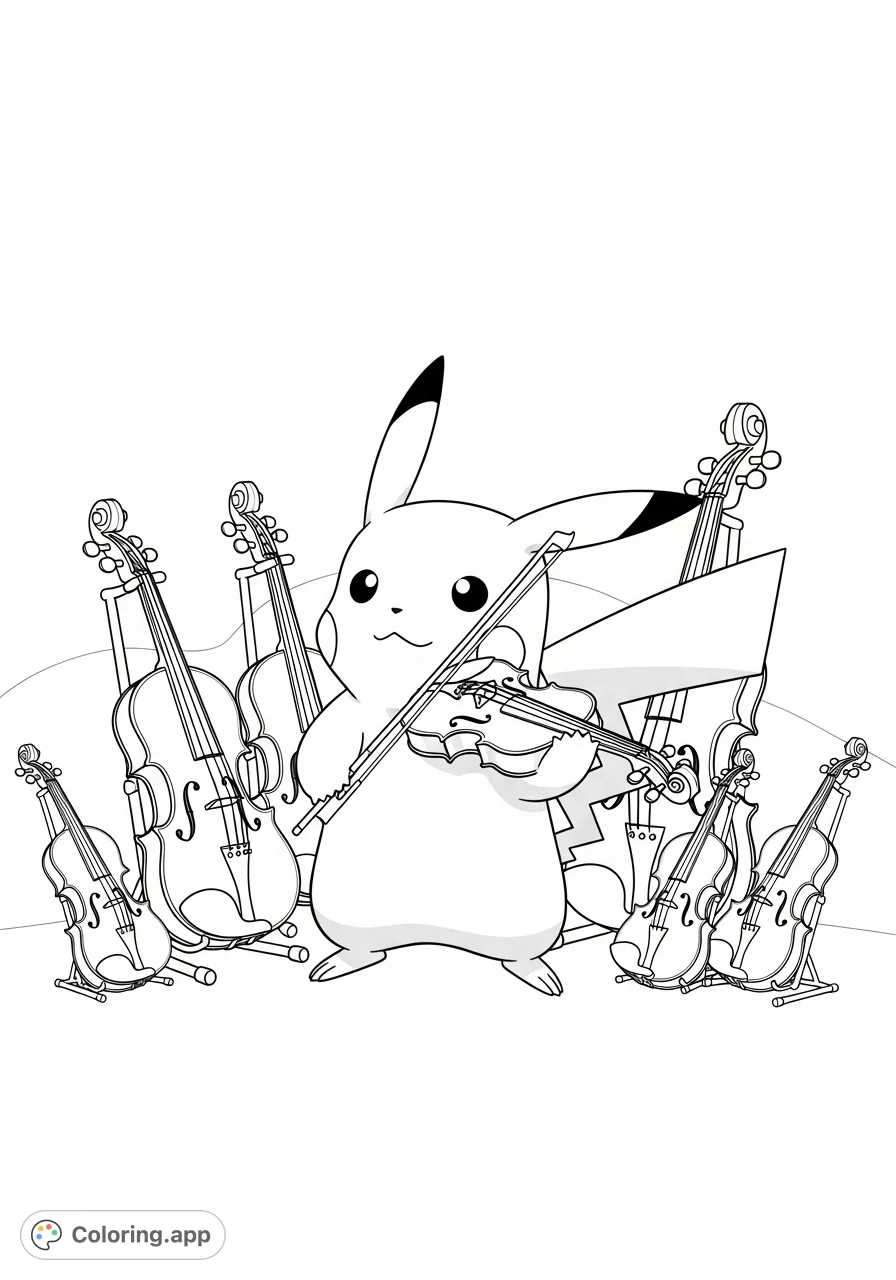 An adorable Pikachu plays the violin with focused charm, surrounded by other musical instruments. A delightful scene for fans of music and Pokémon.