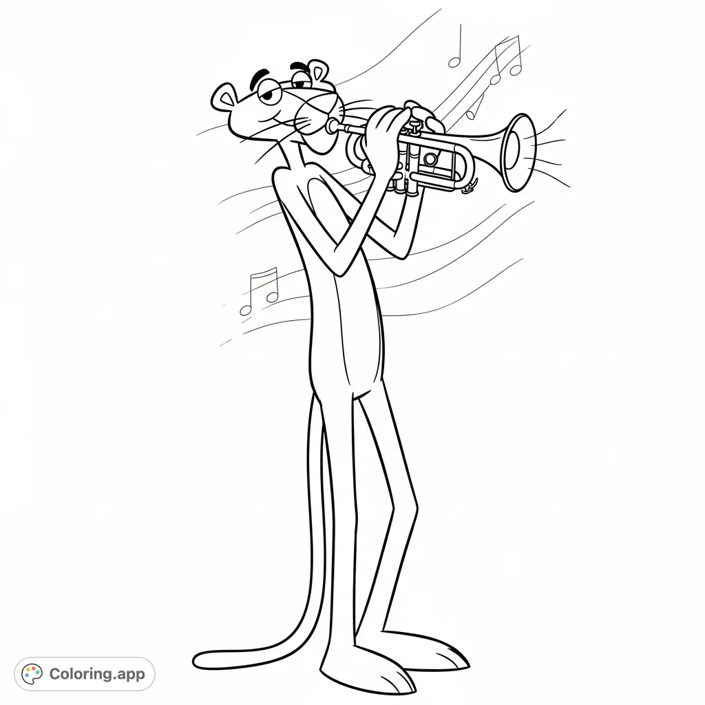 Color the iconic Pink Panther playing his trumpet! A fun and engaging coloring page for fans, featuring the classic character in a musical pose.