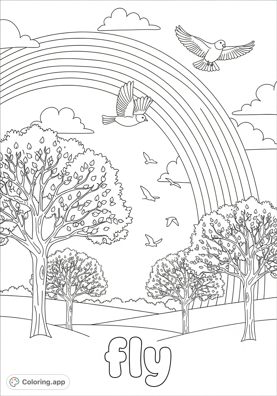 A delightful spring scene featuring two birds soaring beneath a majestic rainbow, with budding trees and the word "fly" in fun bubble letters.