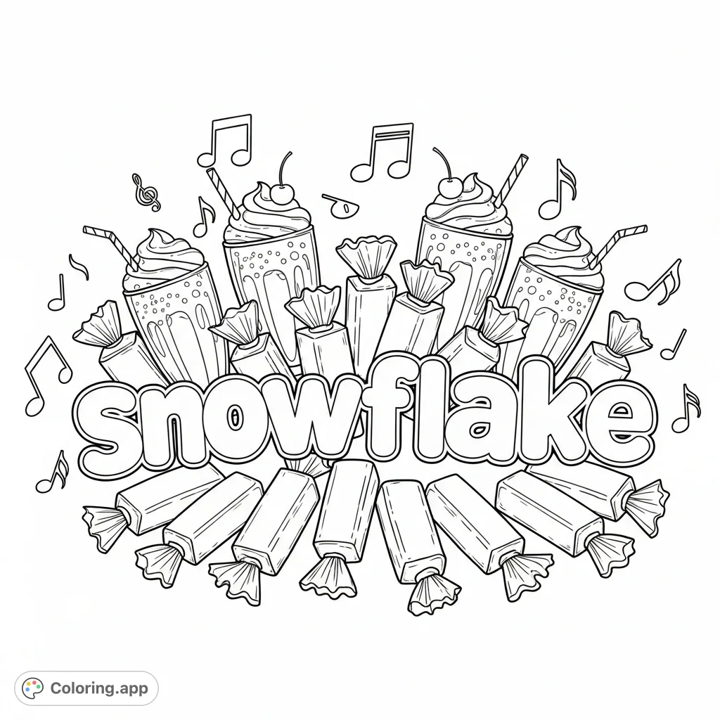 Indulge in a whimsical scene featuring "snowflake" in bubble letters, surrounded by delicious candy bars, creamy milkshakes, and playful musical notes.