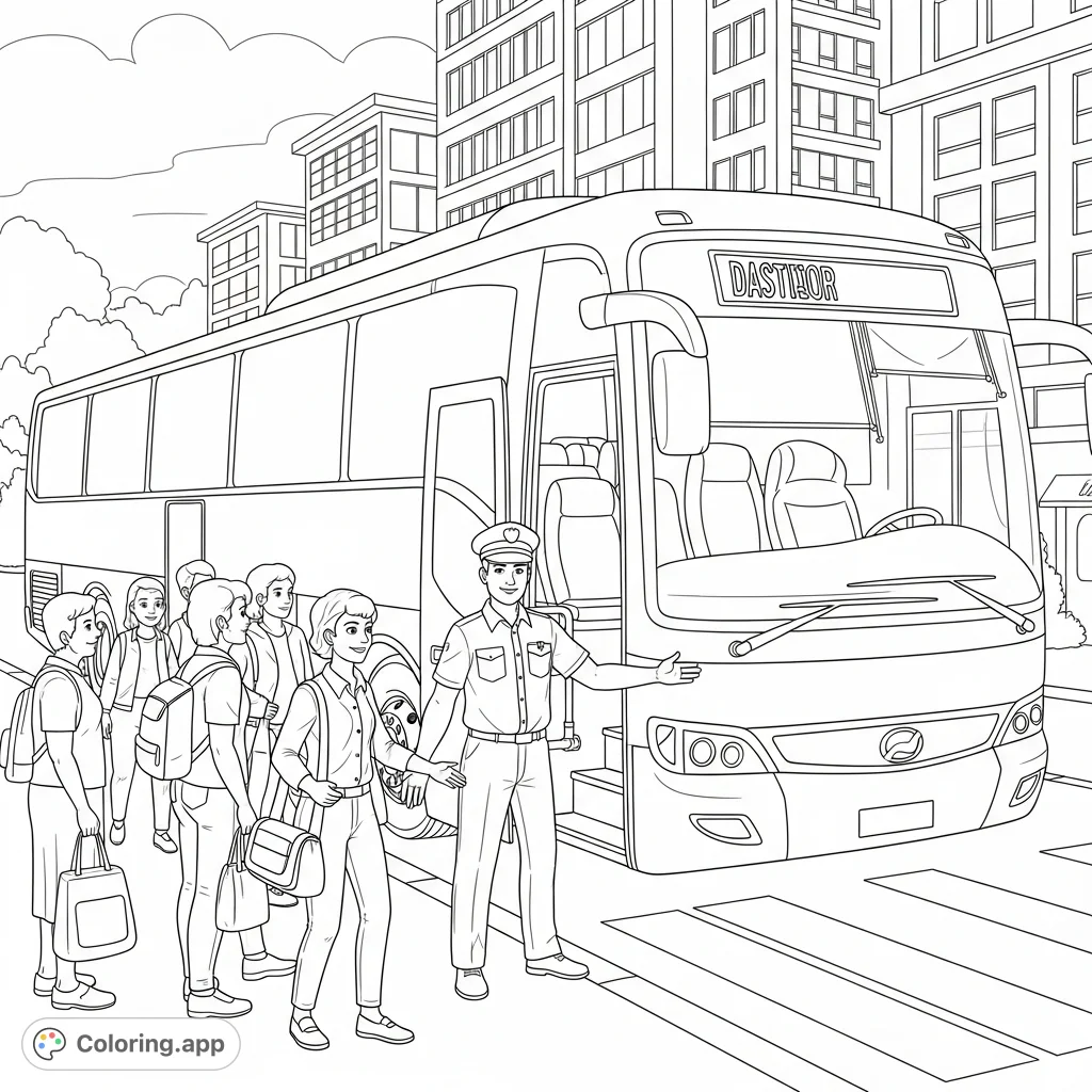 Welcome aboard this inviting bus driver coloring page! A friendly driver greets passengers on a bustling street, an ideal free printable coloring page.