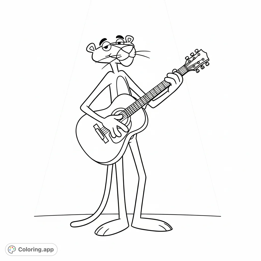 A fun Pink Panther coloring page featuring the iconic character in a dynamic pose, playing a guitar with a classic design. Perfect for music lovers!