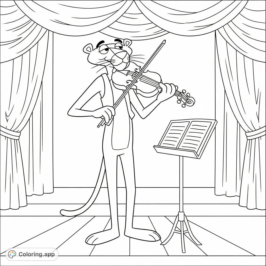 Join the iconic Pink Panther as he performs a captivating violin solo. This delightful free printable coloring page offers a charming scene for all ages.
