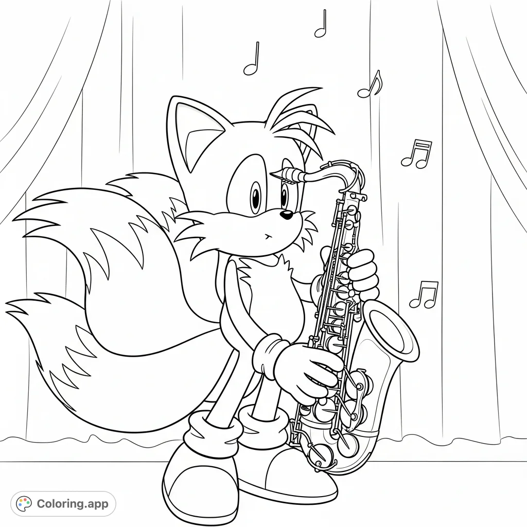 Join Tails from Sonic as he performs a captivating saxophone solo! This free printable coloring page is perfect for music lovers and Sonic fans.