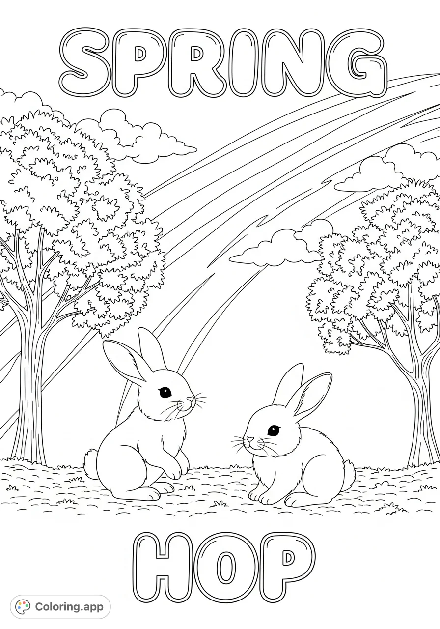 Two playful bunnies explore a vibrant spring scene under arched sky phenomena, surrounded by trees, with 'spring' and 'hop' in fun bubble letters.
