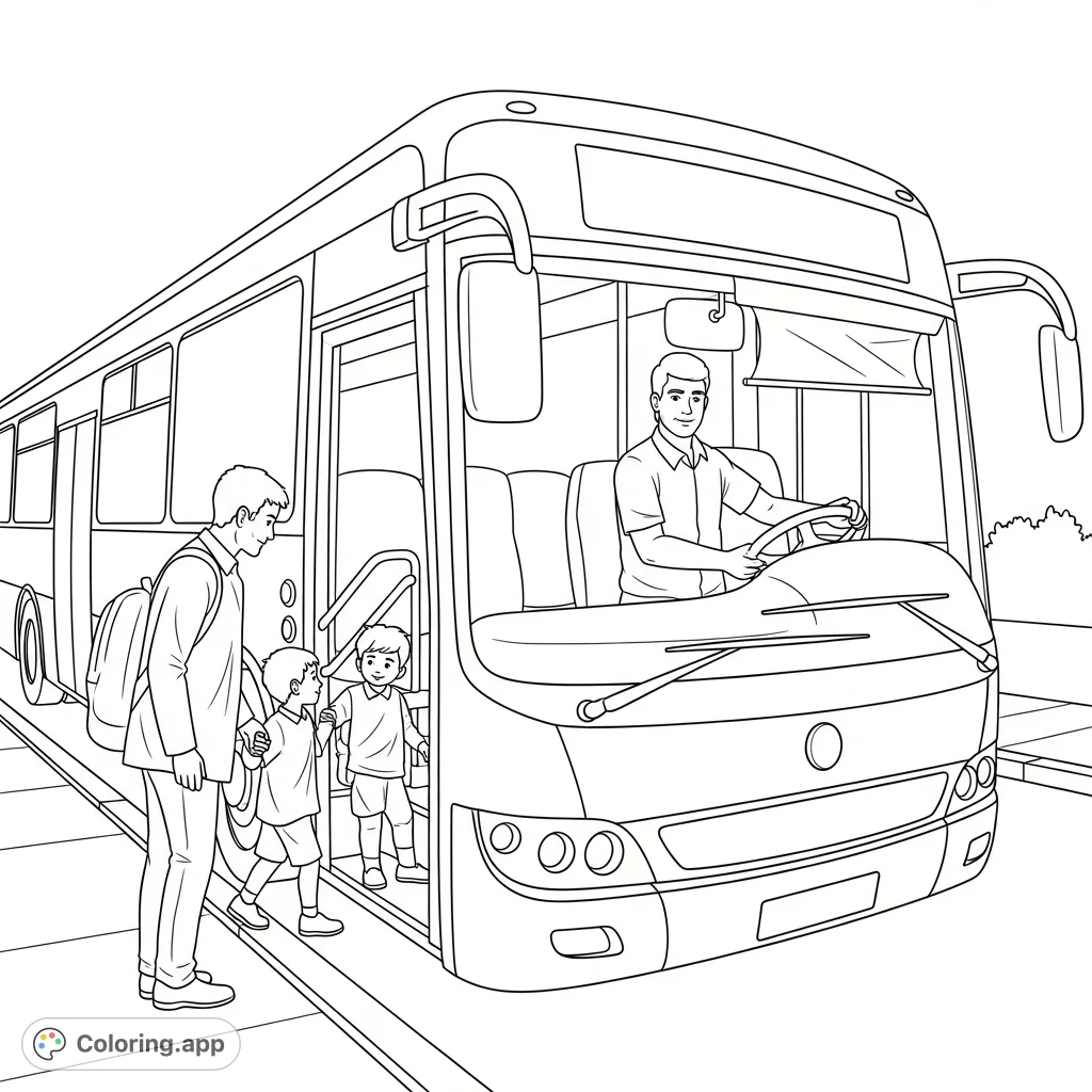 Welcome aboard this inviting bus driver coloring page! A friendly driver greets passengers boarding a large bus, perfect for free printable transportation fun.