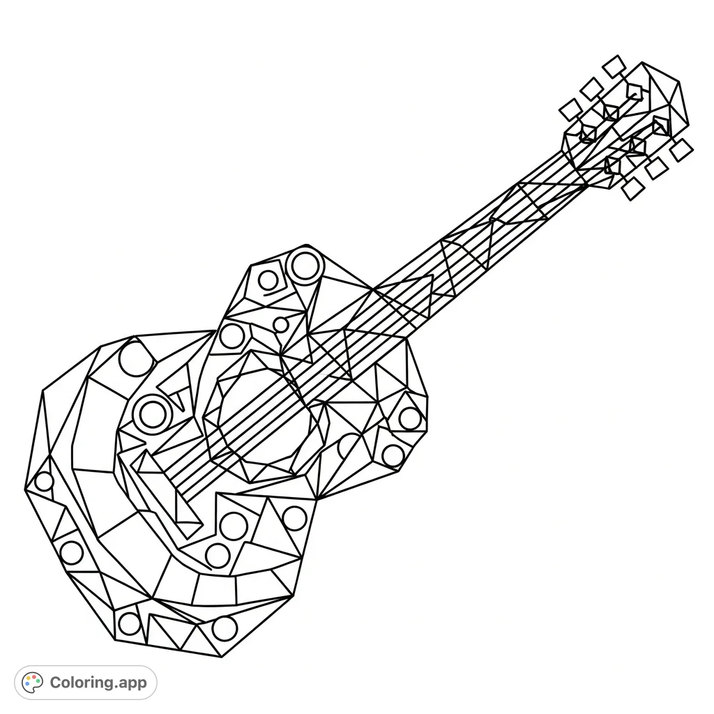 A unique geometric guitar coloring page, featuring a detailed instrument crafted from interlocking polygons, circles, squares, and triangles. A modern art piece!