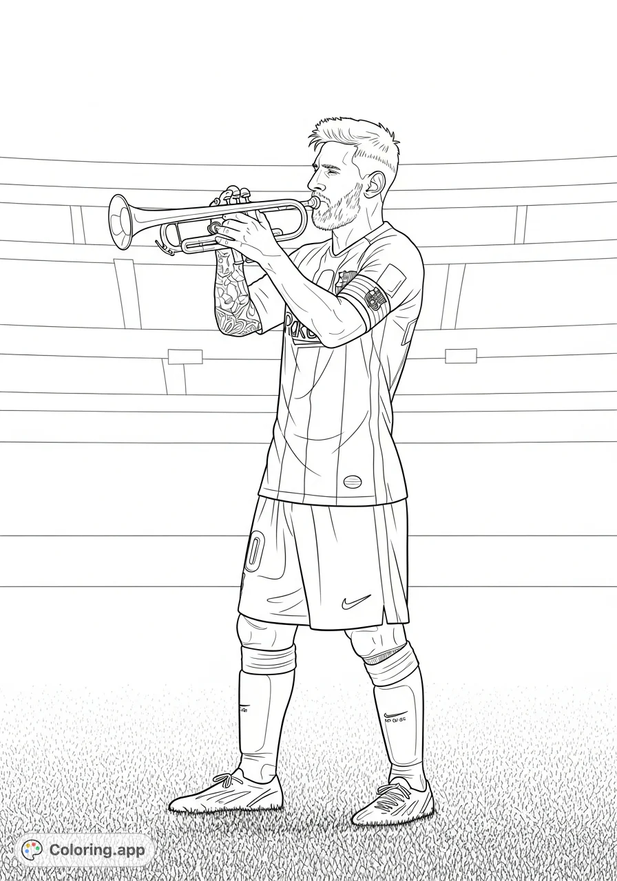 A unique Messi coloring page featuring the soccer legend playing a trumpet on a field. A fun, free printable coloring page for sports and music fans.