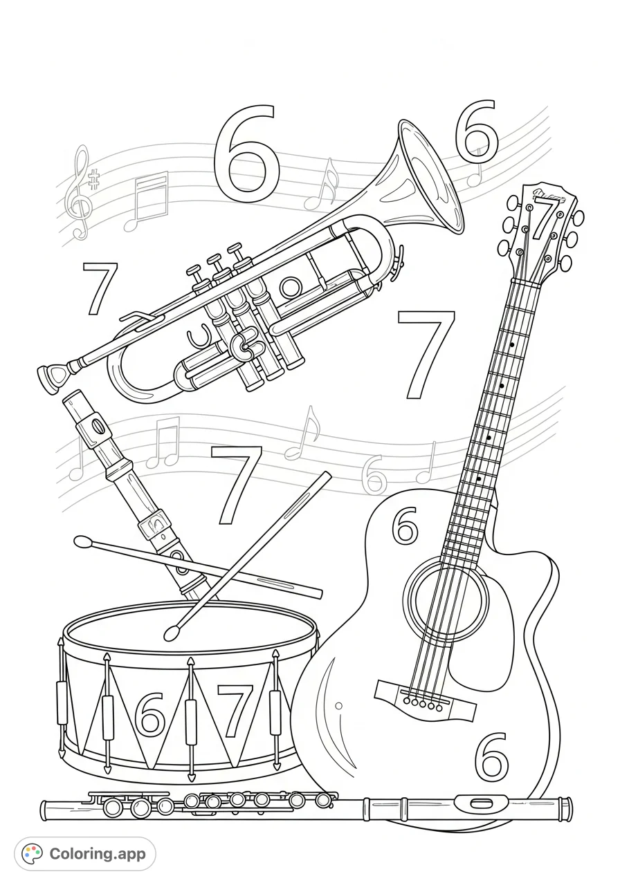 Explore a fun band instruments coloring page featuring a playful collection of trumpets, drums, guitars, and flutes, with numbers 6 and 7 integrated throughout.