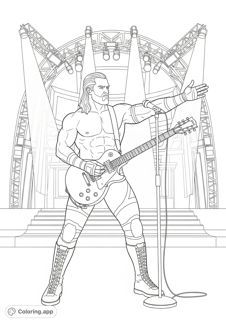 WWE star Pent electrifies the stage, playing an electric guitar. Capture the excitement of a live performance with this dynamic free printable coloring page.