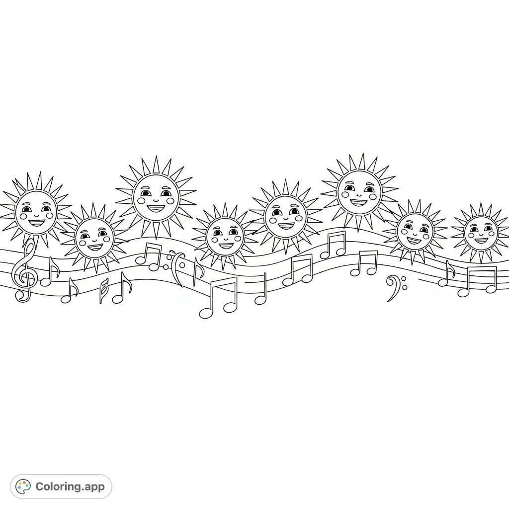 Explore rhythm with this unique coloring page featuring a linear pattern of cheerful suns, each representing a musical beat. A fun and educational design for all ages.